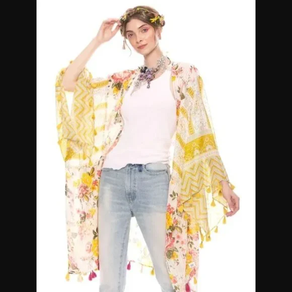 Aratta Silent Journey Floral Boho Color Story Kimono with fringe One size NWT